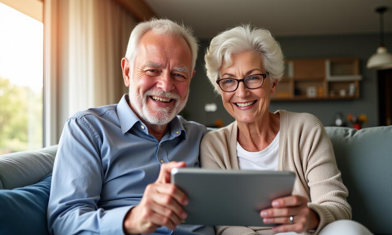 Un couple de seniors utilisant une tablette avec le sourire.